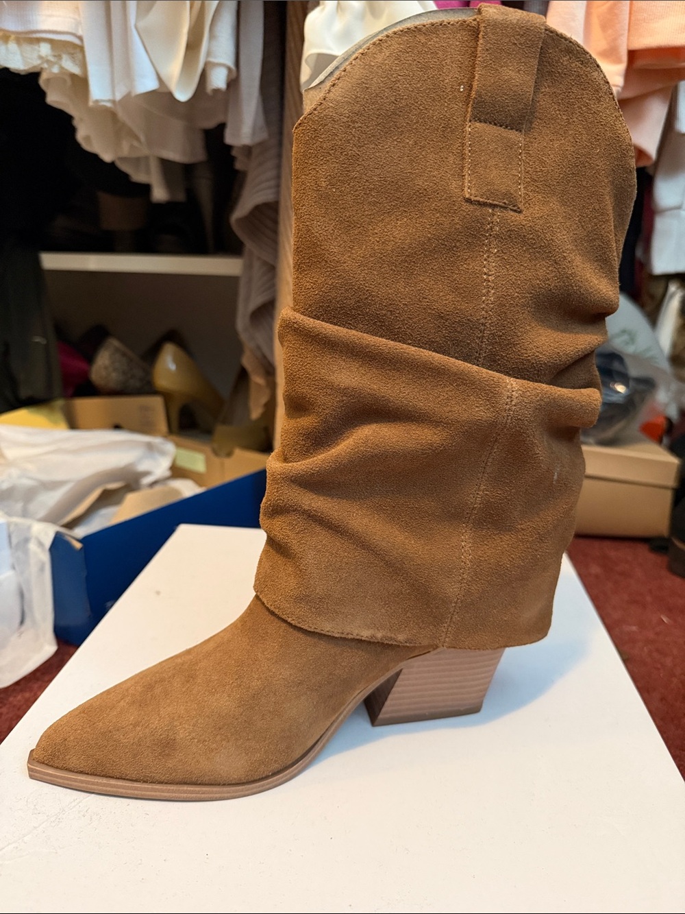 NINE WEST Wilton Tan Suede Slouchy Mid-Calf Heeled Boots